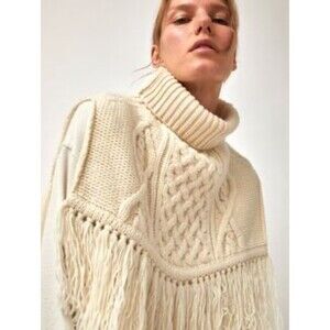 Wool Cable Chunky Lagenlook Knit Vintage Warm Poncho Roll Neck Fisherman Rare OS